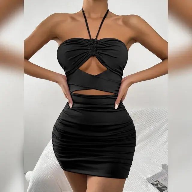 Midnight Allure Halter Dress: Sexy Backless Night Club, Cocktail or Party Mini Dresses - MaJuah